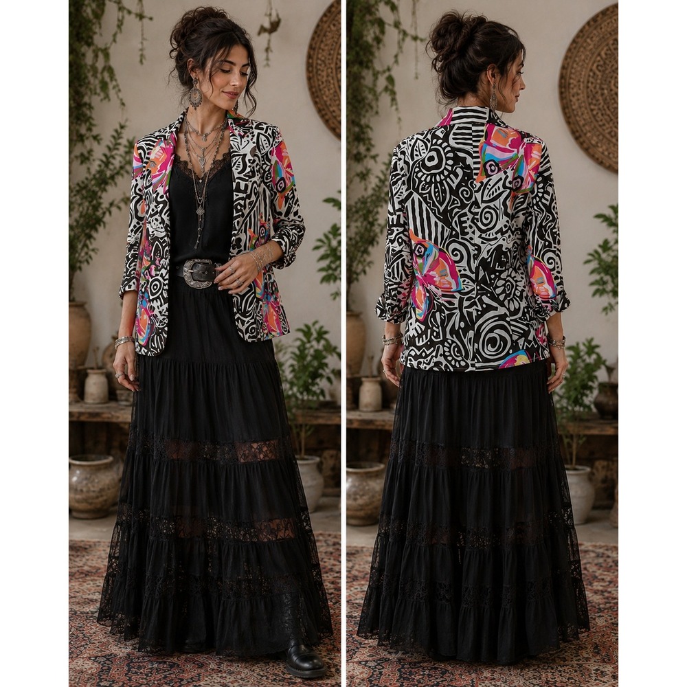 Maximalism Boho G Animal Black‎ Pink White Floral Butterfly Geometric 8 Jacket